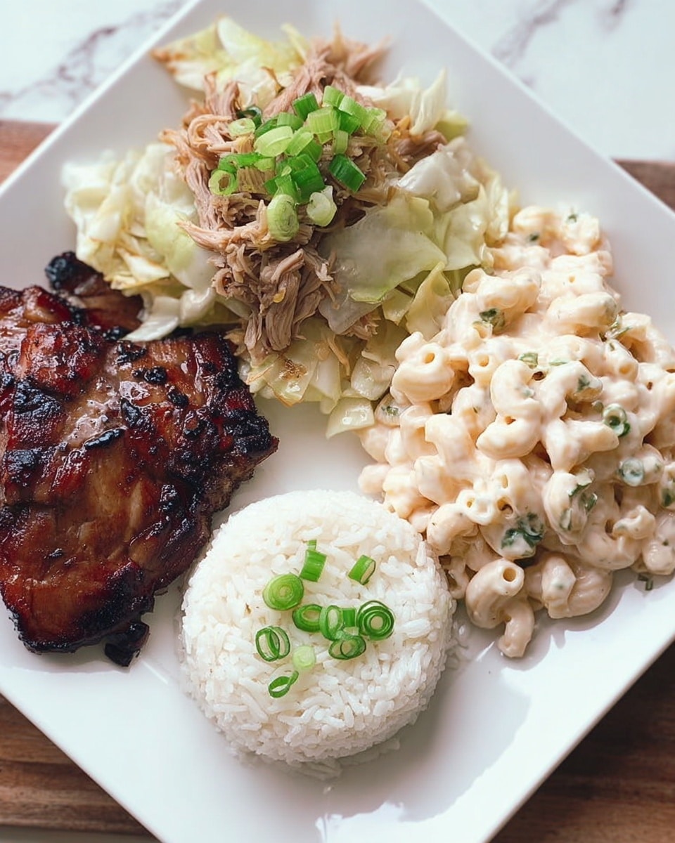 A white square plate holds a meal with four sections. In the bottom center, there is a neat round mound of white rice topped with small green onion pieces. On the right side, a creamy pale pink macaroni salad sits, flecked with bits of green onion. At the top, there is a mix of shredded pale brown meat and light green cooked cabbage with a few green onion slices scattered on top. On the left side, there is a piece of grilled dark brown meat with shiny charred marks. The plate sits on a white marbled surface. Photo taken with an iphone --ar 4:5 --v 7