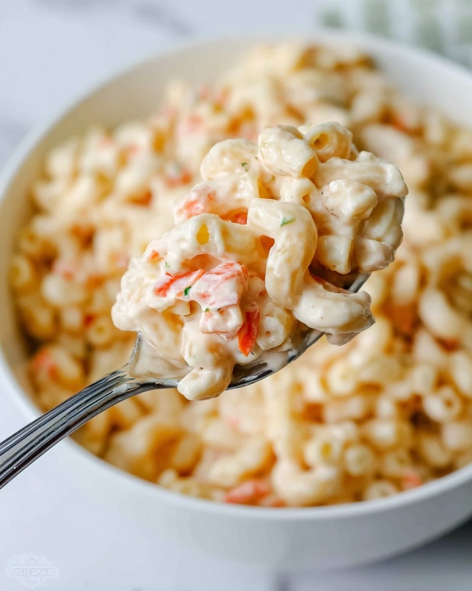 The image shows a close-up of a spoon holding a creamy macaroni salad with elbow-shaped pasta in light yellow color mixed with small bits of orange carrot. The spoon is held over a white bowl filled with the same macaroni salad, placed on a white marbled surface. The macaroni is coated with a smooth, thick, and slightly shiny white dressing. The composition focuses on the spoonful, showing the textures of the soft pasta and creamy sauce clearly. Photo taken with an iphone --ar 4:5 --v 7
