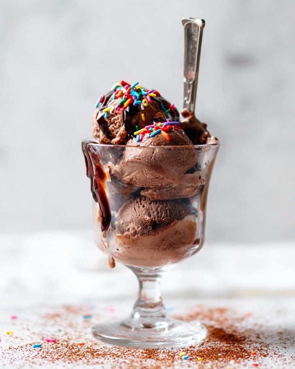 The image shows a clear glass cup filled with three scoops of chocolate ice cream layered with dark brown chocolate syrup drizzled inside the glass and on the ice cream. The top scoop is decorated with colorful rainbow sprinkles scattered across the surface. A long silver spoon is placed inside the glass, standing upright from the back. The cup sits on a white marbled surface with some cocoa powder and sprinkles sprinkled around it, creating a casual and inviting look. Photo taken with an iphone --ar 4:5 --v 7