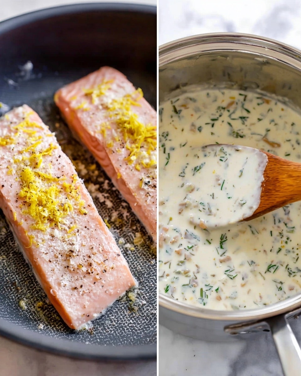 The left side of the image shows two pink salmon fillets placed in a cooking pan. Each fillet has a topping of yellow lemon zest and white grated garlic along with some black pepper sprinkled on top. The pan has a textured surface visible under the fillets. The right side shows a close-up of a pot filled with creamy white sauce mixed with green herbs and bits of cooked ingredients. A wooden spoon with a brown tip is stirring the sauce, holding some sauce on it. The pot’s shiny silver rim contrasts with the creamy sauce inside. The background surface around the pot is a white marbled texture. photo taken with an iphone --ar 4:5 --v 7