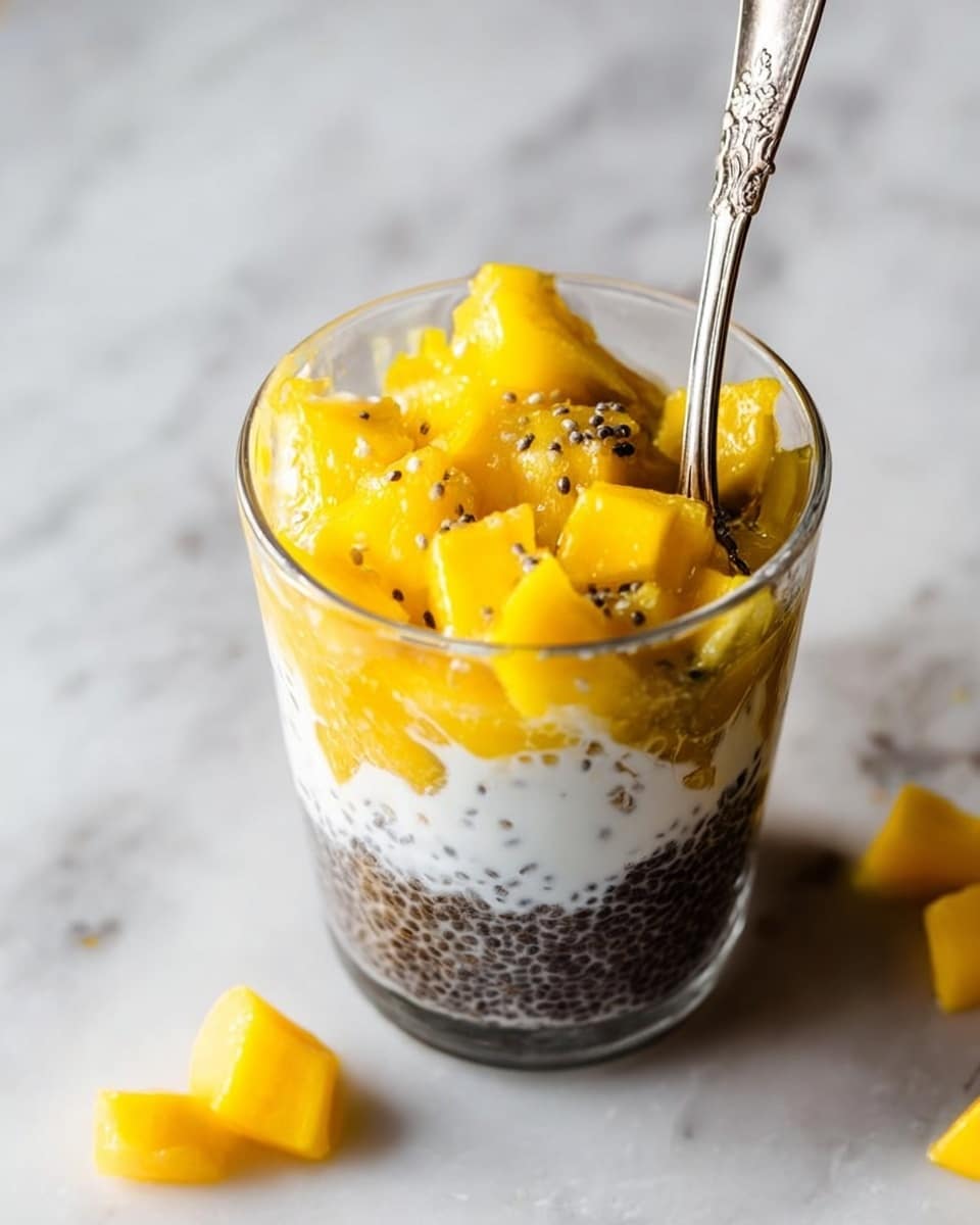 A clear glass filled with three layers: the bottom layer is dark and textured with small black chia seeds soaked in a liquid, the middle layer is white and creamy with soft curds, and the top layer is bright yellow chunks of fresh mango. A silver spoon with a detailed handle is partly sunk in the layers, standing out against the vibrant colors. The drink sits on a white marbled surface with a few small mango pieces scattered around. Photo taken with an iphone --ar 4:5 --v 7