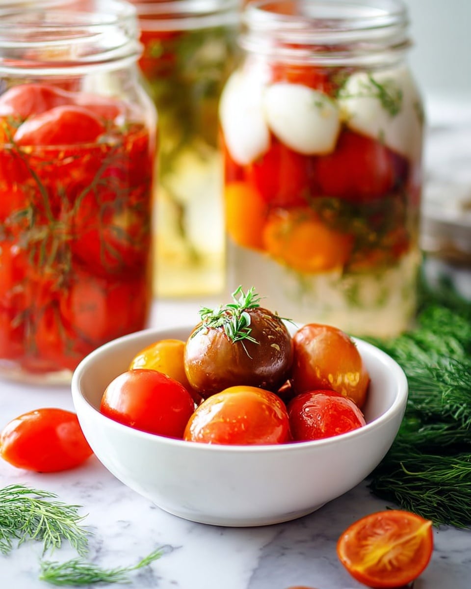 This image shows a small white bowl filled with a mix of colorful tomatoes in red, orange, and brown shades, with one brown tomato topped with a small green herb. Behind the bowl, there are glass jars filled with layered ingredients visible through clear liquid—the layers include bright red tomatoes, white garlic cloves, and green dill sprigs. Fresh green herb sprigs are scattered on the white marbled surface around the bowl and jars, with a few loose tomatoes also placed nearby. The overall scene is bright and clean with a fresh look, photo taken with an iphone --ar 4:5 --v 7