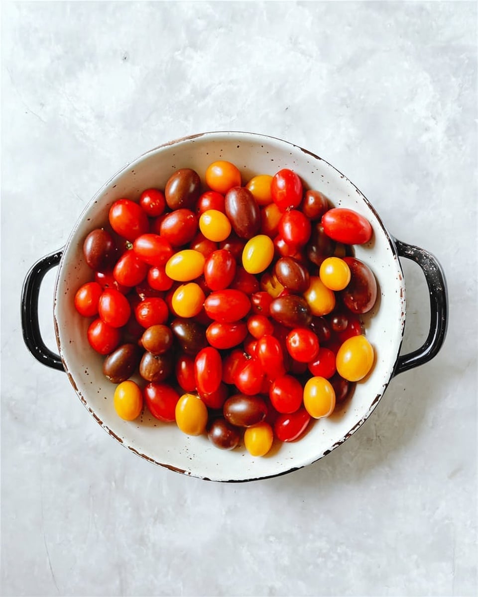 A white round bowl with black handles contains a mix of small red, yellow, and dark brown tomatoes. The tomatoes have a smooth, shiny texture and fill the bowl almost to the top. The bowl sits on a white marbled surface. photo taken with an iphone --ar 4:5 --v 7