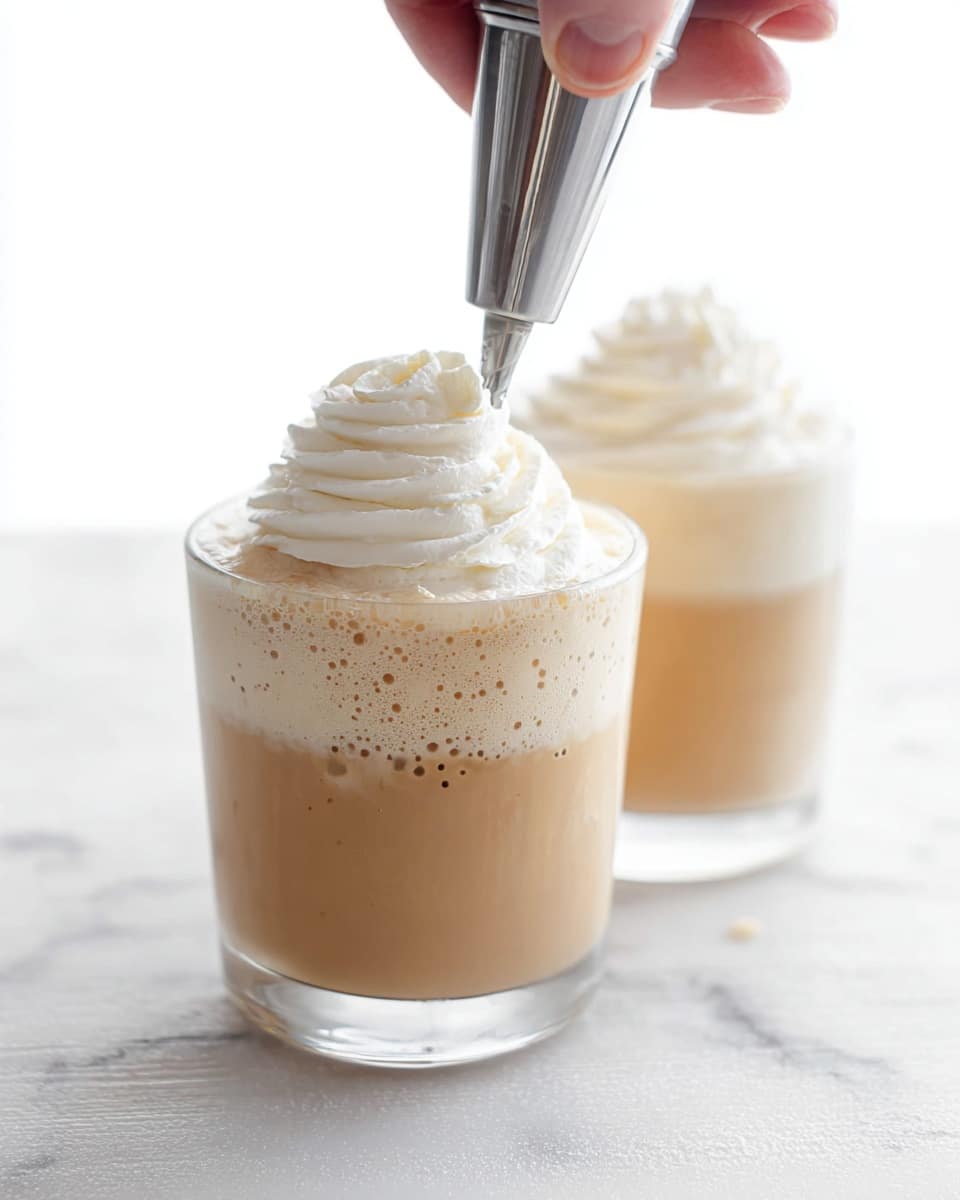 Two clear glasses sit on a white marbled surface, filled with a light brown frothy drink made of two main layers: a thicker, creamy top layer with visible small bubbles and a lighter, smoother bottom layer. The creamy top is being decorated with a spiral of bright white whipped cream, piped from a silver nozzle held by a woman's hand at the top right corner of the image. The background is bright white and softly blurred, keeping focus on the glasses and the whipped cream detail. photo taken with an iphone --ar 4:5 --v 7