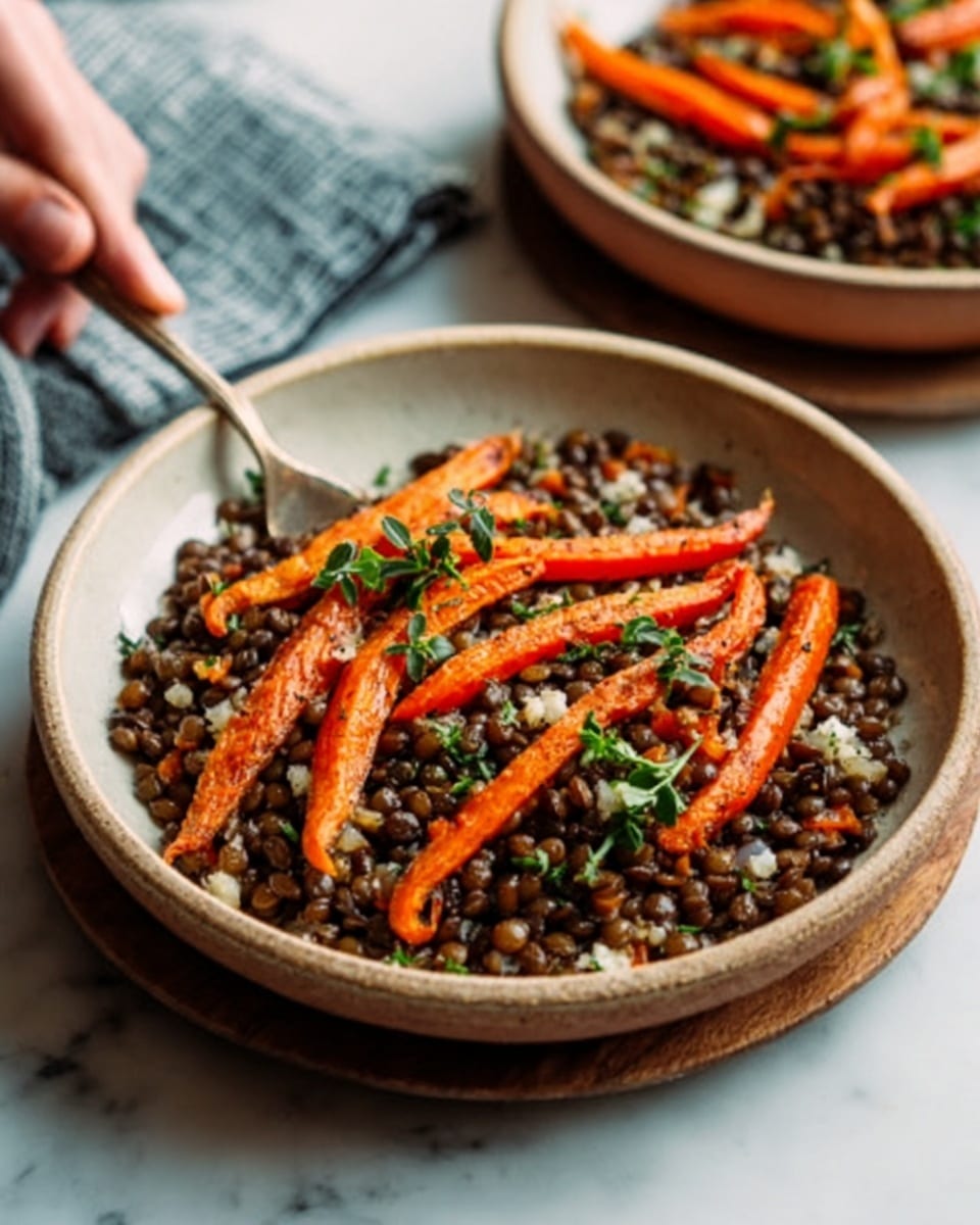 The image shows a round white bowl filled with a mix of cooked brown lentils and small white grains, possibly rice. On top, there are thin strips of bright orange roasted carrots arranged across evenly, with small green herb leaves scattered over the dish. The lentils and grains create a textured, speckled brown and white base layer, while the carrots add a vibrant pop of color, and the green herbs give a fresh touch. The bowl rests on a white marbled surface, with a fork and woman’s hand near the bowl's edge. Another similar bowl is blurred in the background. Photo taken with an iphone --ar 4:5 --v 7
