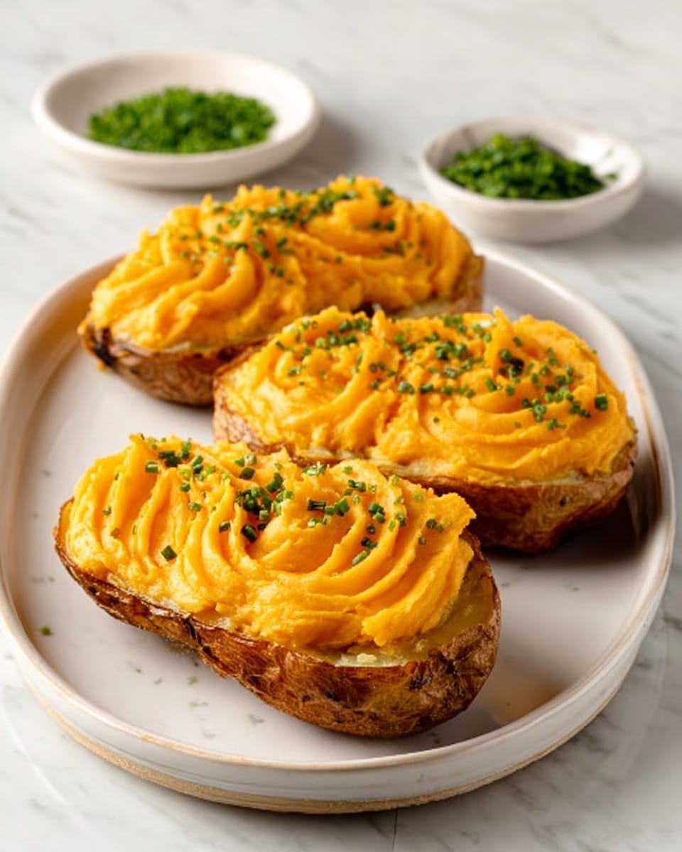 The image shows a white oval plate on a white marbled surface, holding three potato skins filled with a bright orange mashed topping swirled in thick, soft peaks. The potato skins have a brown, crispy outer edge while the topping looks creamy and smooth, sprinkled lightly with finely chopped green herbs. In the background, a small white bowl filled with chopped green herbs is visible. Photo taken with an iphone --ar 4:5 --v 7
