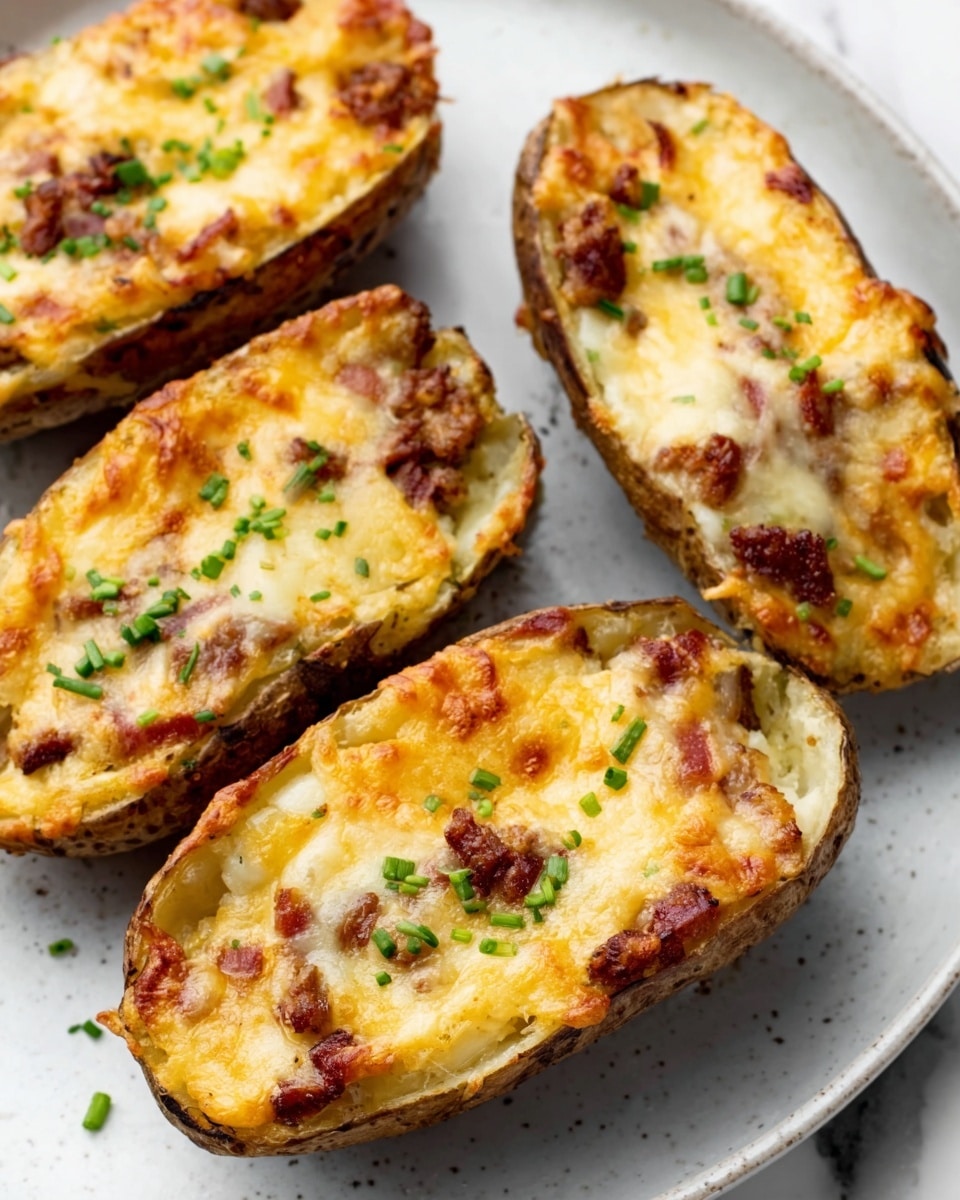 The image shows four stuffed potato skins arranged on a white plate, sitting on a white marbled surface. Each potato skin is filled with a smooth layer of golden melted cheese mixed with small pieces of browned cooked meat on top. The potato skin edges are rough and lightly browned. Small green chopped herbs are sprinkled evenly over the cheese and meat filling, adding a fresh color contrast. The lighting highlights the crispy texture of the potato skins and the warmth of the melted cheese. Photo taken with an iphone --ar 4:5 --v 7