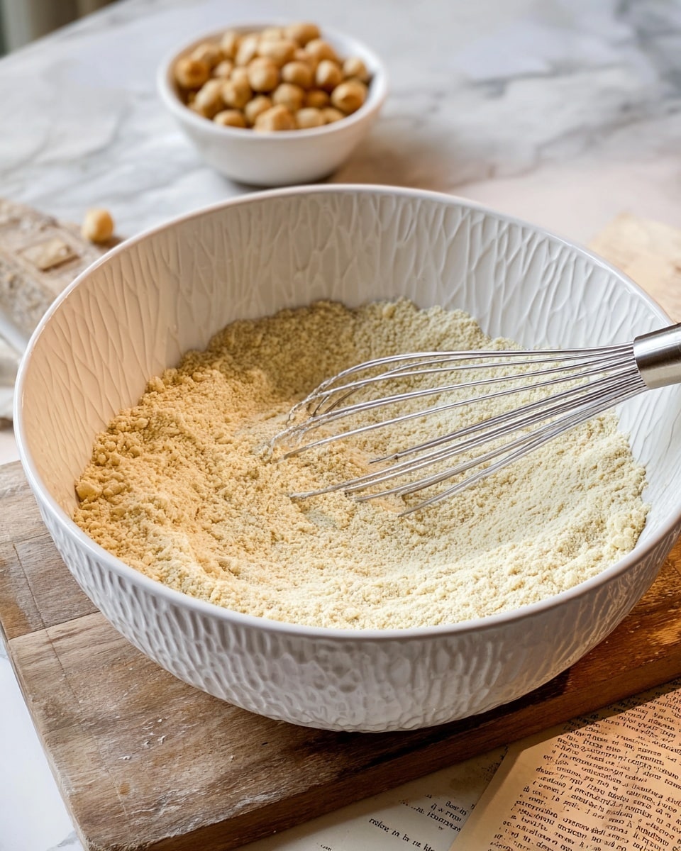A large white bowl with a textured pattern on the outside holds a single layer of light yellowish flour or dry mixture, which has a slightly coarse texture. Inside the bowl, a silver metal whisk rests on the flour, angled from the left side of the bowl. Behind the bowl, there is a small white bowl filled with round, tan nuts or seeds, placed on a wooden cutting board with a natural grain pattern. A few sheets of partially visible old paper with printed text lie on the wooden board. The scene is set on a white marbled surface with subtle grey veins, and soft natural light illuminates the setup, giving a warm, inviting feel. Photo taken with an iphone --ar 4:5 --v 7