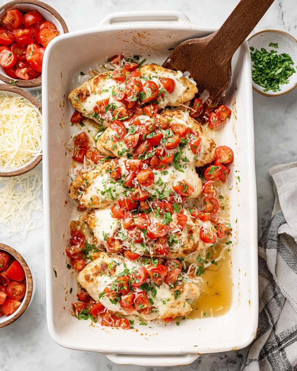 The image shows a white rectangular baking dish with several cooked chicken pieces arranged side by side inside it. Each chicken piece is topped with a layer of melted white cheese, scattered chopped bright red tomatoes, and finely chopped green herbs sprinkled on top. The dish has some juices pooling around the chicken, giving it a moist look. A wooden-handled spatula is under one chicken piece, slightly lifting it to show multiple layers of chicken, cheese, and tomatoes. The dish sits on a white marbled surface, with bowls of chopped tomatoes and shredded cheese visible at the edges. photo taken with an iphone --ar 4:5 --v 7