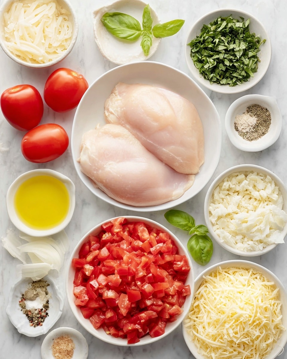 The image shows many small white bowls arranged on a white marbled surface, each holding different ingredients. In the middle is a slightly larger white bowl filled with two pale pink raw chicken pieces, smooth in texture. Below it is a white bowl filled with bright red diced tomatoes with a juicy texture. To the right, there are two white bowls with light yellow shredded cheese that looks soft and fine. Next to them is a white container with clear yellow olive oil. At the top, a white bowl with finely chopped green leafy herbs, and nearby another with very small chopped white garlic. Small white bowls hold salt, black pepper, and light brown dried herbs. There are also three whole red tomatoes and some basil leaves placed casually on the side. Photo taken with an iphone --ar 4:5 --v 7