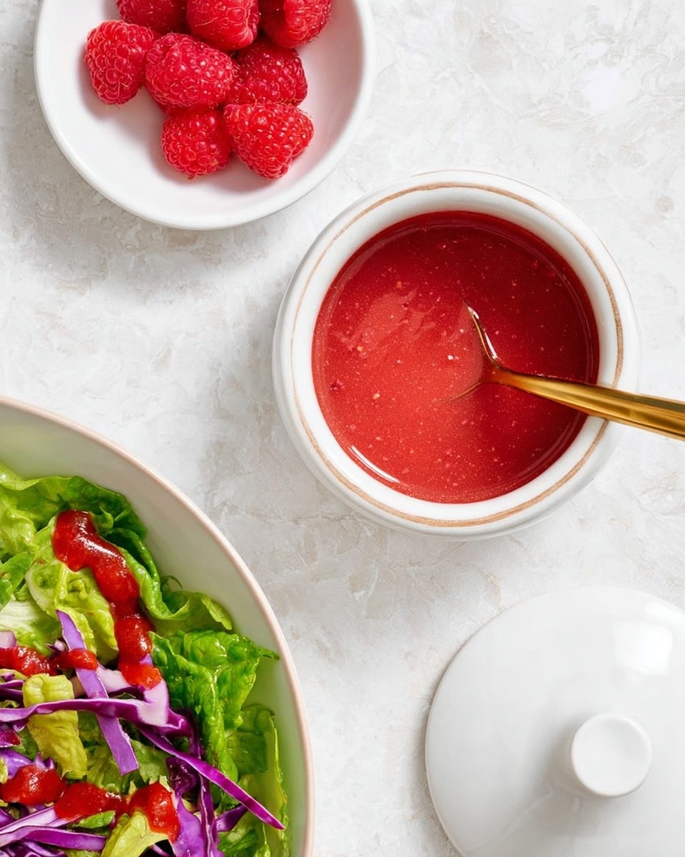 The image shows a bowl of smooth, red salad dressing with a shiny gold spoon resting inside. Next to it is a white bowl with a few bright red raspberries. Below, there is a white bowl filled with a fresh salad made of green lettuce, thin strips of purple cabbage, and drizzled with the same red dressing. The scene is set on a white marbled surface with the white lid of the dressing bowl placed nearby. photo taken with an iphone --ar 4:5 --v 7