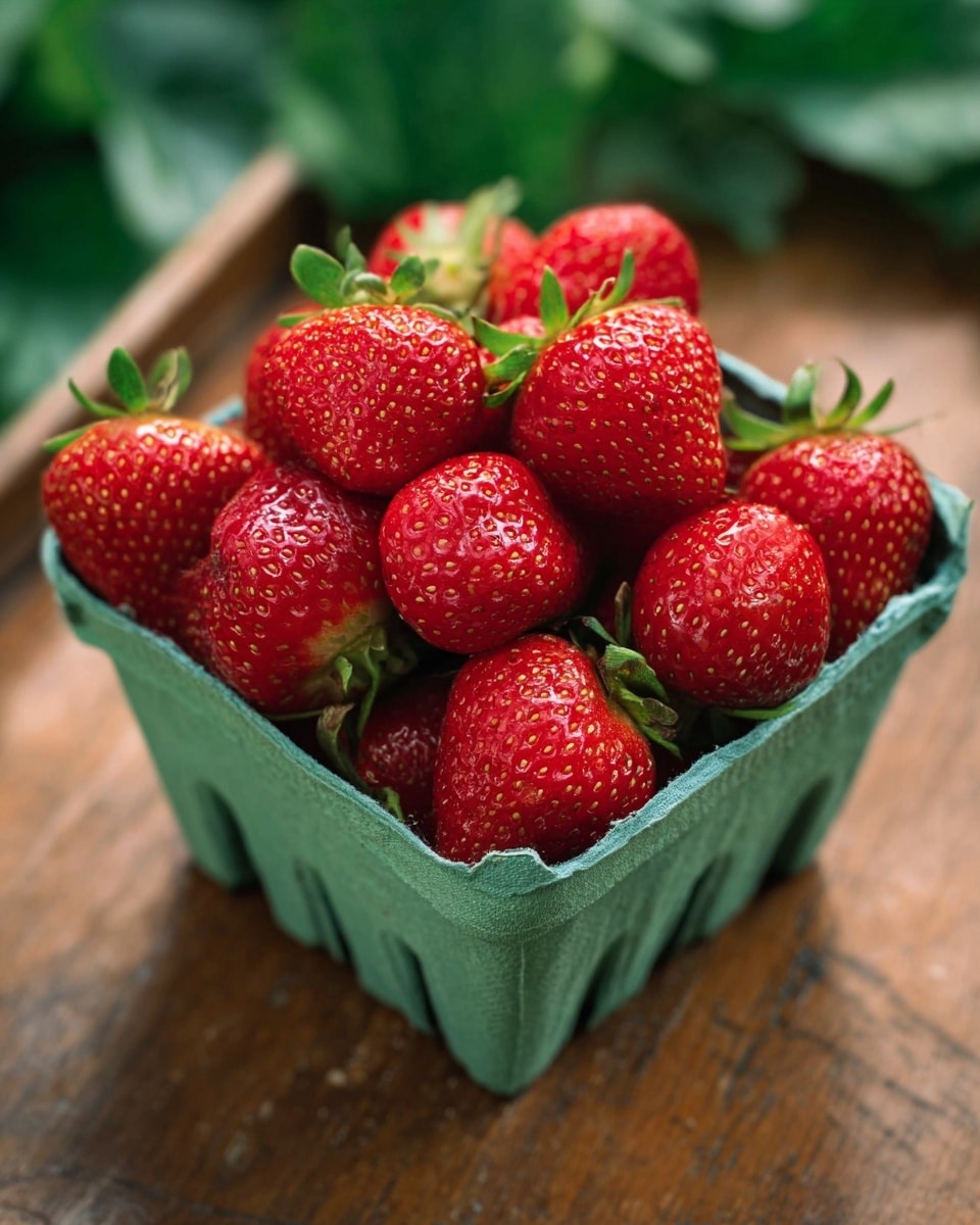 A small green cardboard container is filled with many fresh, bright red strawberries. Each strawberry has small yellow seeds and green leafy tops. The container sits on a wooden surface with some green leaves blurred in the background. The strawberries look shiny and ripe, filling the container up close to the edges. Photo taken with an iphone --ar 4:5 --v 7