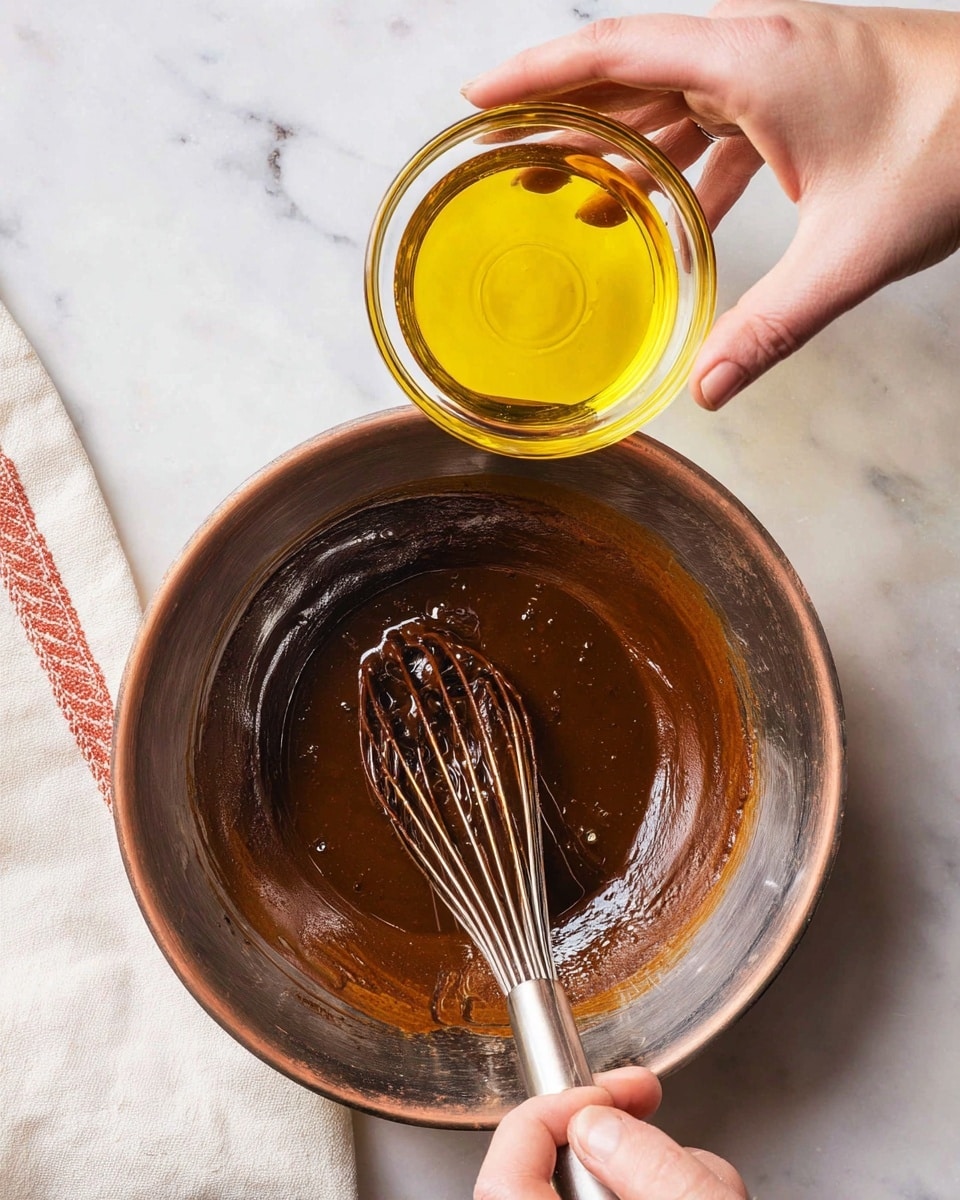 A close-up top view of a shiny metal bowl with a thick, dark brown liquid being mixed inside it with a metal whisk held by a woman's hand at the bottom. Another woman's hand holds a small clear glass bowl filled with golden yellow liquid, hovering above the metal bowl as if about to pour it in. The background has a white marbled texture with a white cloth with red trim on the left side. Photo taken with an iphone --ar 4:5 --v 7