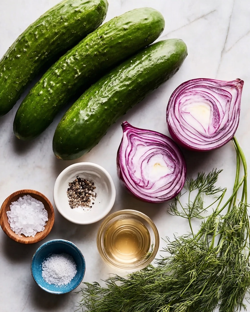 The image shows fresh ingredients arranged on a white marbled surface. There are four whole green cucumbers on the left, followed by two halves of a red onion placed with the cut sides facing up, showing their purple and white layers. In front of the onions, there are three small white bowls and a glass cup: one wooden bowl with white granulated sugar, one blue bowl with black pepper, another blue bowl with salt, and a short clear glass cup filled with a light golden liquid. To the right of these, there are fresh green dill sprigs lying on the surface. The colors contrast nicely with the white marbled background, showing a mix of green, purple, white, blue, and light wood tones. photo taken with an iphone --ar 4:5 --v 7