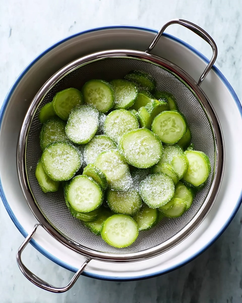 A shiny metal sieve filled with many round slices of green cucumber arranged in a loose pile, sprinkled evenly with white granulated salt on top. The sieve is lifted by two thin metal handles and sits inside a large white bowl, which rests on a white marbled surface, showing soft light and subtle shadows. photo taken with an iphone --ar 4:5 --v 7