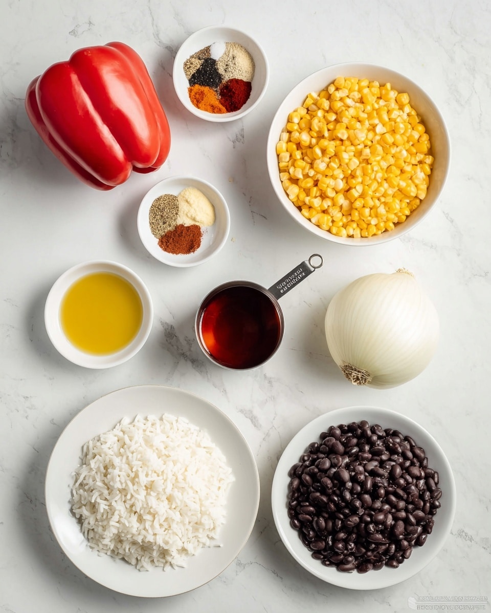 The image shows several raw ingredients placed on a white marbled surface, arranged neatly in white bowls and plates. From top left to bottom right, there is a whole red bell pepper with smooth skin, a small white bowl containing a mix of spices including red, brown, black, and white powders, and a larger white bowl filled with bright yellow corn kernels. Below the pepper to the left, a small white bowl holds a small amount of crushed garlic. In the center, a metal measuring cup contains a dark red liquid sauce, with a whole white onion placed nearby to the right. Below the sauce and onion, there is a small white bowl filled with golden-yellow oil. At the bottom left, a white plate is filled with fluffy white rice, while at the bottom right, another white bowl contains dark black beans spread evenly. The items are well spaced, and the overall color palette is vibrant and fresh. Photo taken with an iphone --ar 4:5 --v 7