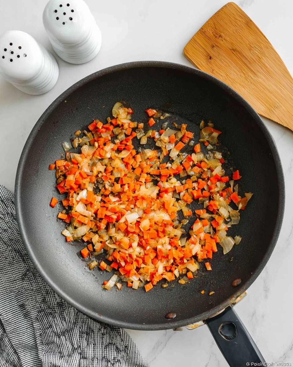 A black frying pan holds a mix of finely chopped cooked vegetables, mainly orange carrots and translucent onions with some bits showing a light brown cooked color. The vegetables are spread in the center of the pan, covering most of the cooking surface without overlapping. The pan is placed on a white marbled surface. To the top left side of the image, two white salt and pepper shakers stand close together. On the top right side, a wooden spatula lies flat on the white marbled surface, and a black and white striped cloth is partially visible below the pan. Photo taken with an iphone --ar 4:5 --v 7