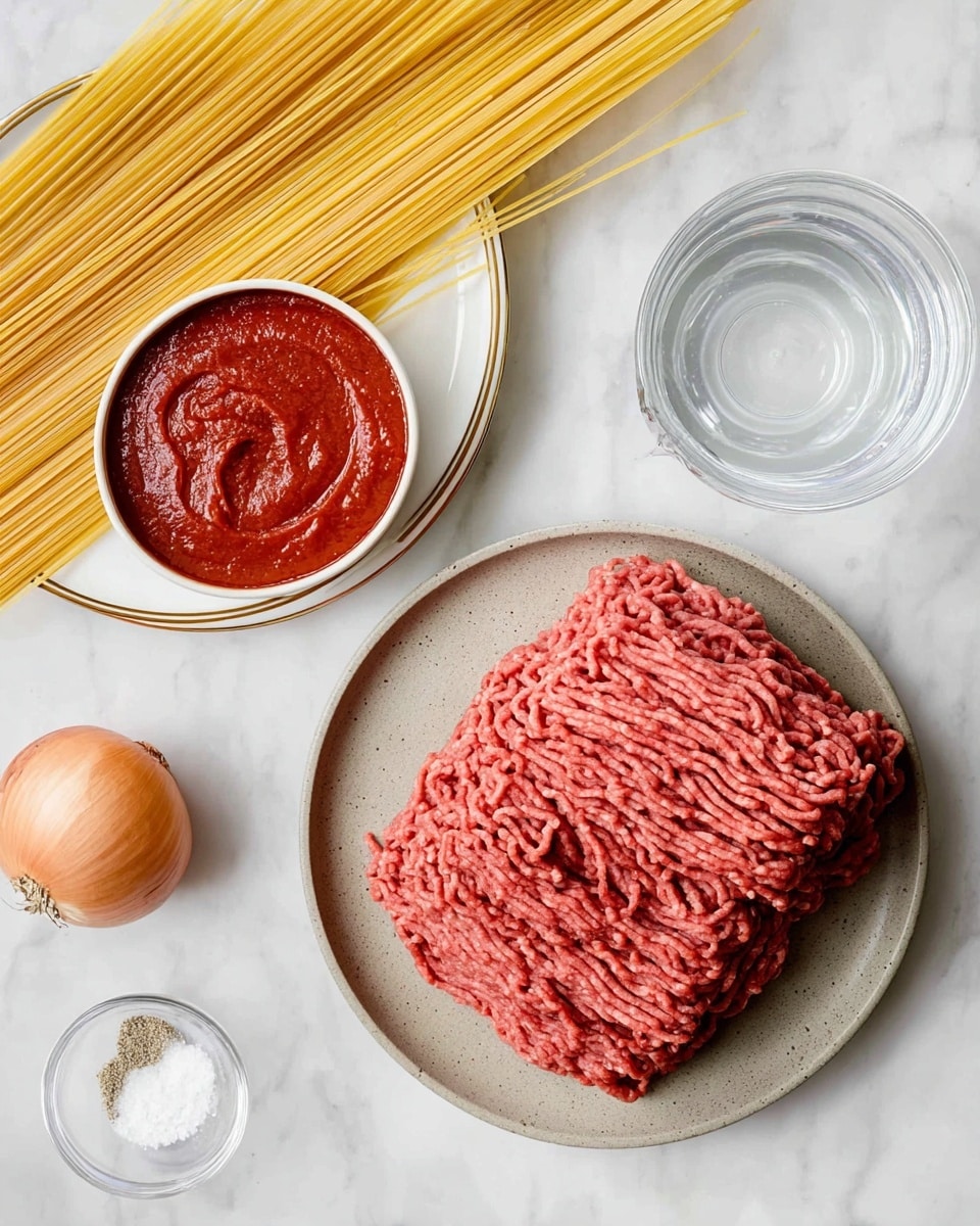 The image shows uncooked spaghetti strands arranged tightly in a neat bundle on the left side on a white plate with a gold trim. To the right, there is a grayish white plate piled with raw ground meat, stacked in two wavy layers with smooth and slightly shiny texture. Above that, a white bowl filled with thick and rich deep red tomato sauce with visible small chunks and a swirled pattern on the surface. At the top right, there is a clear glass measuring cup half-filled with water, all laid on a white marbled surface. Nearby, a whole light brown onion and a small clear bowl with white salt sit in the bottom corner photo taken with an iphone --ar 4:5 --v 7