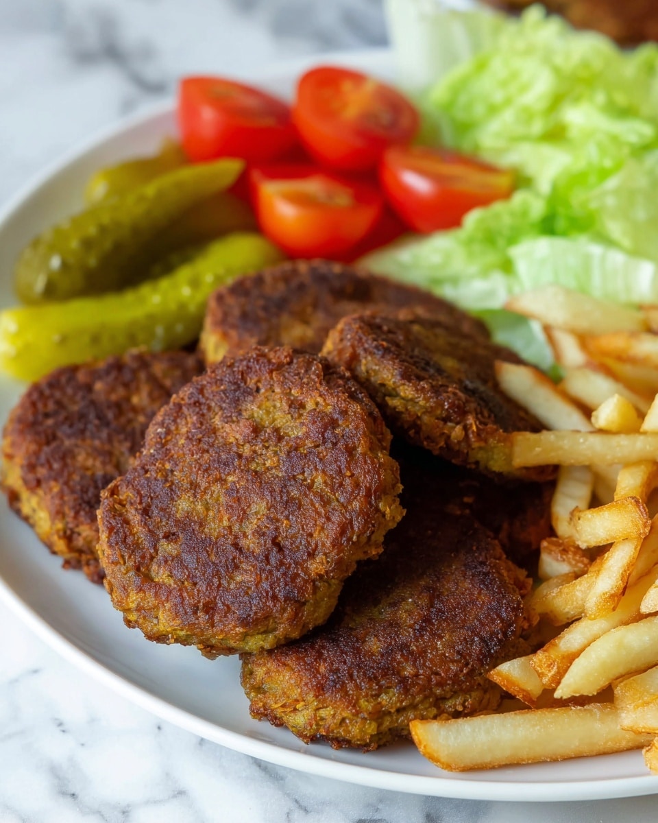 The image shows a white plate full of several brown, crispy fried patties stacked on top of each other in the center. To the right of the patties, there is a pile of thin, light golden French fries. Behind the patties, there are several cut pieces of bright red cherry tomatoes, and to the left of the tomatoes, green pickle slices are placed next to some light green lettuce leaves. The plate is set on a white marbled surface. photo taken with an iphone --ar 4:5 --v 7