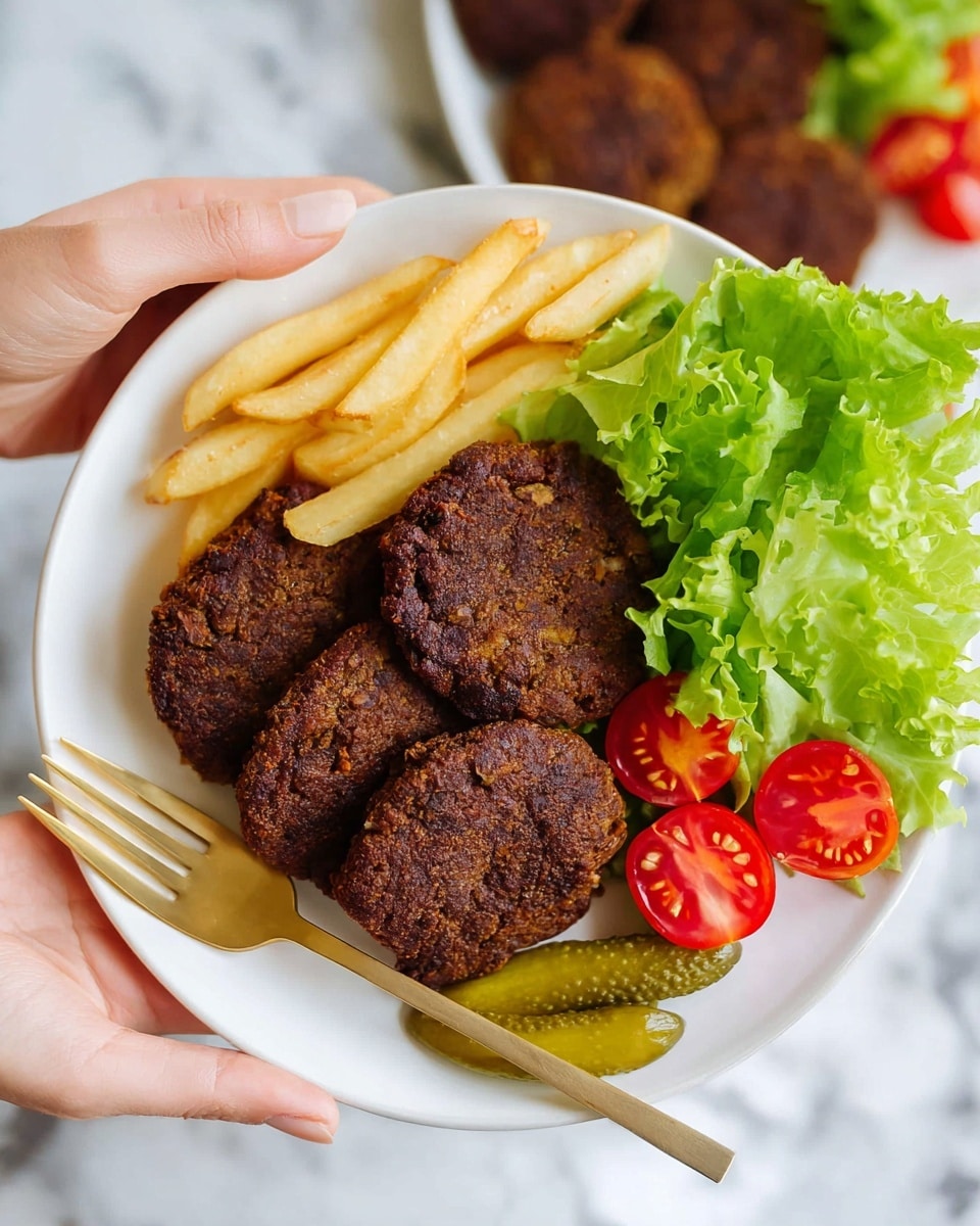 A white plate holds four dark brown, crispy patties stacked closely together near the center. To the right of the patties, there is a fresh, bright green lettuce bunch with a few red cherry tomatoes cut in halves at the bottom corner. Below the patties and lettuce are three green pickle slices and a small pile of golden French fries that look slightly crispy. A gold fork lies across the patties, and a woman's hand is gently holding the plate from the bottom left corner. The background features a white marbled surface, and there is a blurred larger plate with more food in the background. photo taken with an iphone --ar 4:5 --v 7