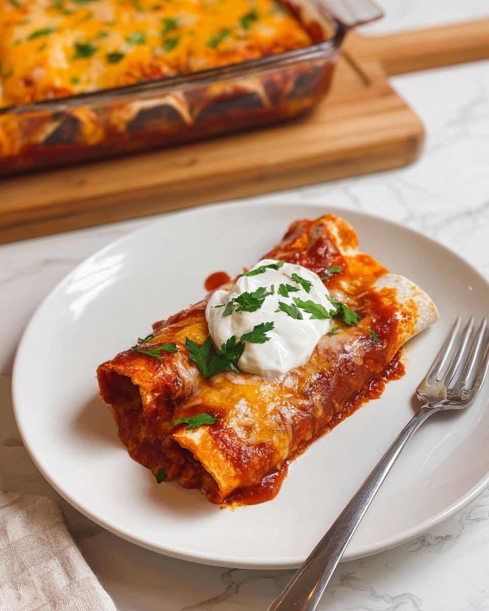A white plate holds a single rolled enchilada topped with red sauce, a dollop of white sour cream, and sprinkled green parsley leaves. The enchilada itself is golden brown with visible melted cheese on top. A silver fork rests beside the enchilada on the plate. In the background, a glass baking dish shows more enchiladas covered in melted cheese, sitting on a wooden board. The whole scene is set on a white marbled surface. photo taken with an iphone --ar 4:5 --v 7