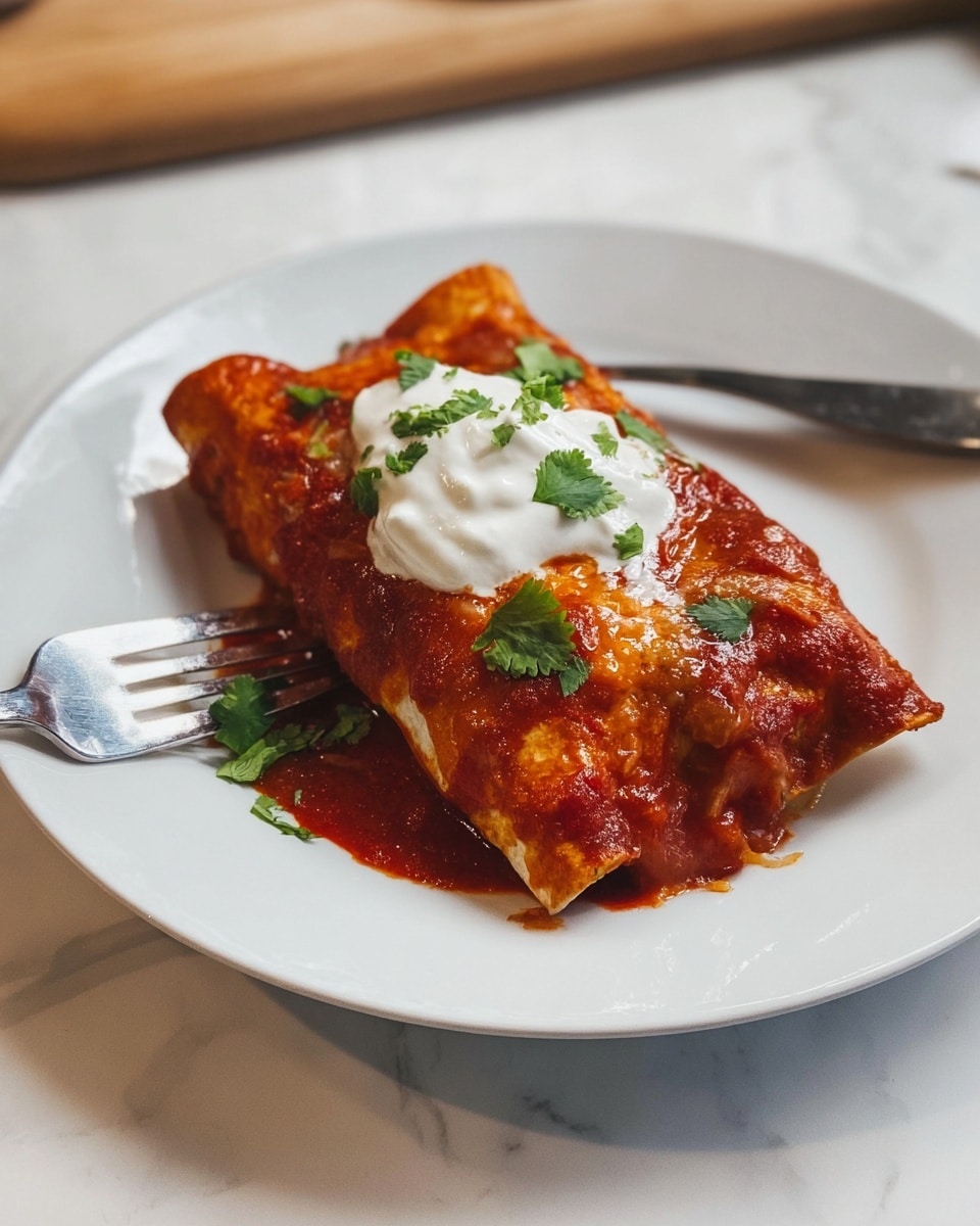 A white round plate on a white marbled surface holds a single rolled enchilada with a golden brown baked tortilla covered in rich red sauce. On top is a dollop of white sour cream, garnished with small green cilantro leaves scattered around and over the sauce. A silver fork rests beside the enchilada on the plate. Photo taken with an iphone --ar 4:5 --v 7