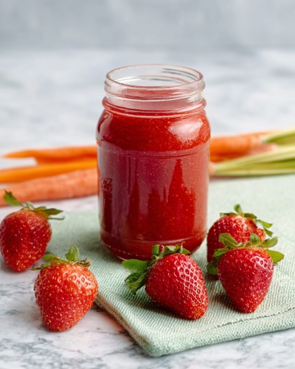 A clear glass jar filled with bright red strawberry jam stands on a light green cloth napkin. In front of the jar, there is a row of fresh, whole strawberries with their green leaves visible, arranged carefully on a white marbled surface. Next to the strawberries, there are two light orange carrot sticks placed diagonally. The scene is clean and bright, showing the rich texture of the jam inside the jar. Photo taken with an iphone --ar 4:5 --v 7