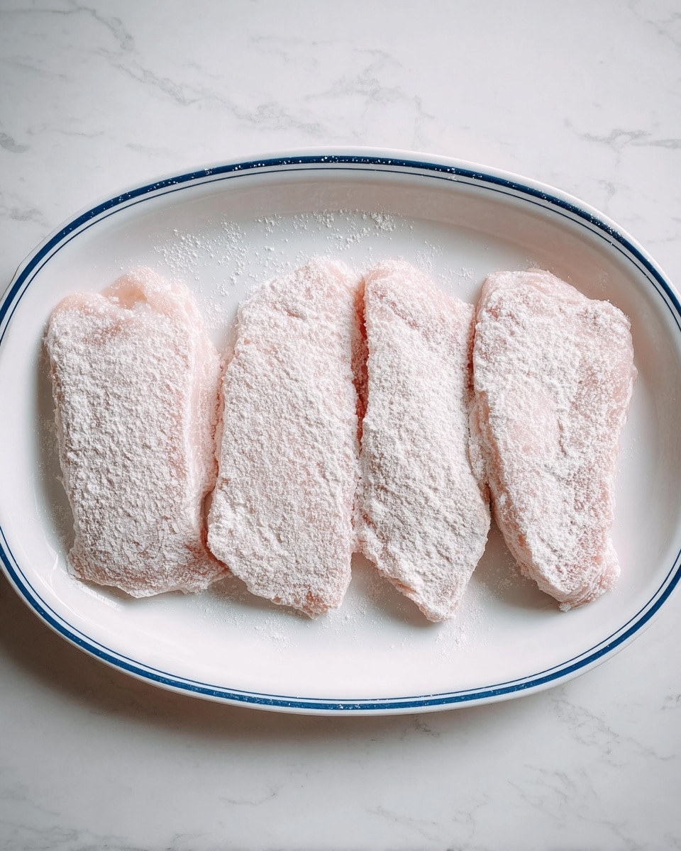 The image shows four thin pieces of raw meat, each coated with a light dusting of flour. The pieces are laid flat and side-by-side on a white oval plate with a thin blue rim. The flour creates a slightly rough and powdery texture on the surfaces, making the pale pink color of the meat mostly hidden under the white layer. The plate sits on a white marbled surface that adds a subtle pattern in the background. Photo taken with an iphone --ar 4:5 --v 7