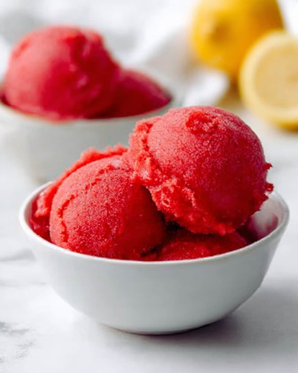 The image shows a silver metal container filled with bright red strawberry sorbet. On top of the sorbet, there are three smooth, round scoops arranged close to each other, with a small area of crushed sorbet around them. A woman's hand holds a silver ice cream scoop above the container, lifting one scoop of sorbet. The background is a white marbled surface with some blurred strawberries and a lemon wedge in the distance. The lighting is soft and natural, making the sorbet look fresh and vibrant. photo taken with an iphone --ar 4:5 --v 7