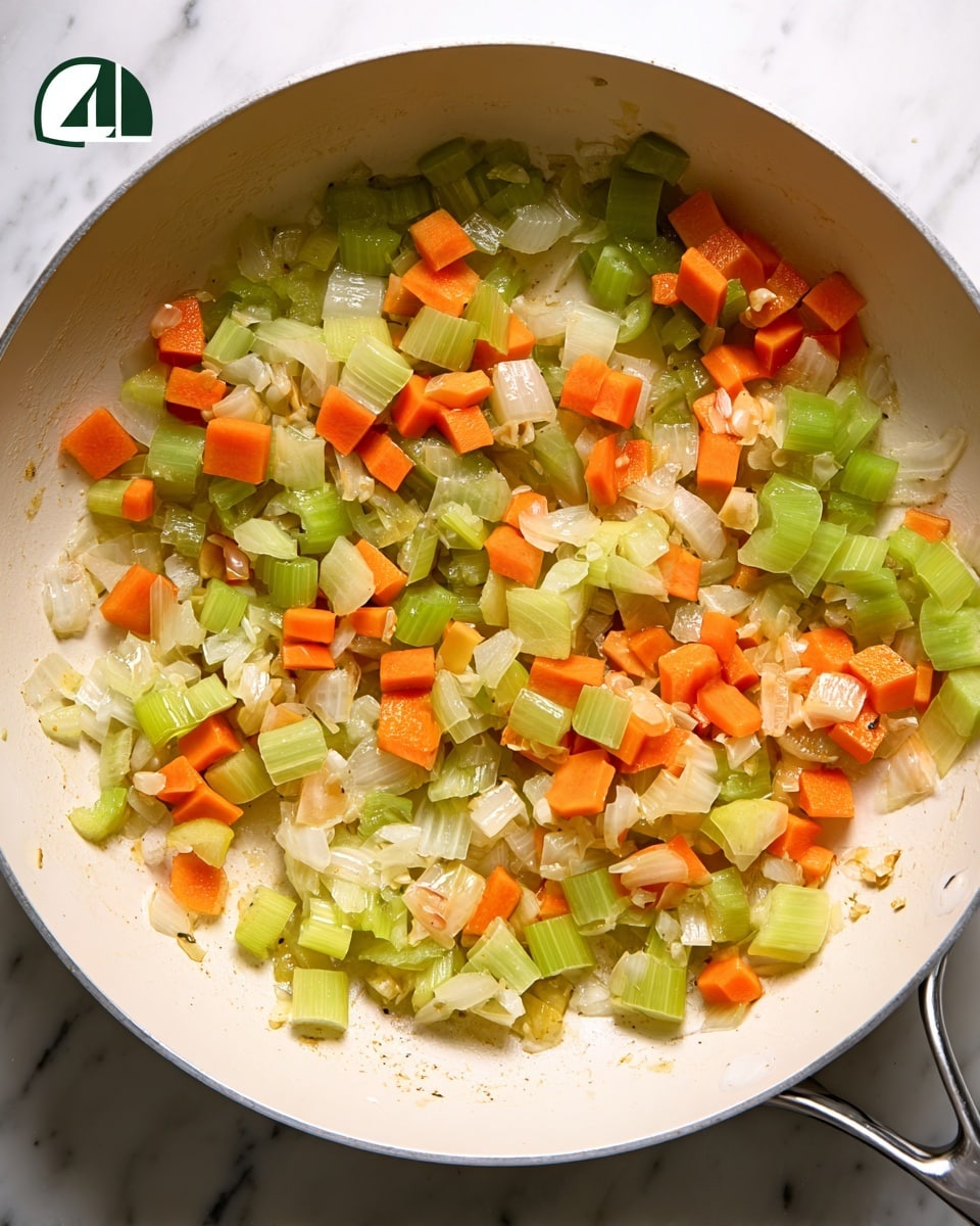 A white pan filled with a mix of chopped vegetables including light green celery pieces, orange carrot cubes, and translucent white onion slices, all lightly cooked and glistening with a bit of oil. Small bits of minced garlic are scattered throughout, adding texture. The vegetables are spread evenly across the pan, showing a simple sauté in progress. The background surface has a white marbled texture. photo taken with an iphone --ar 4:5 --v 7