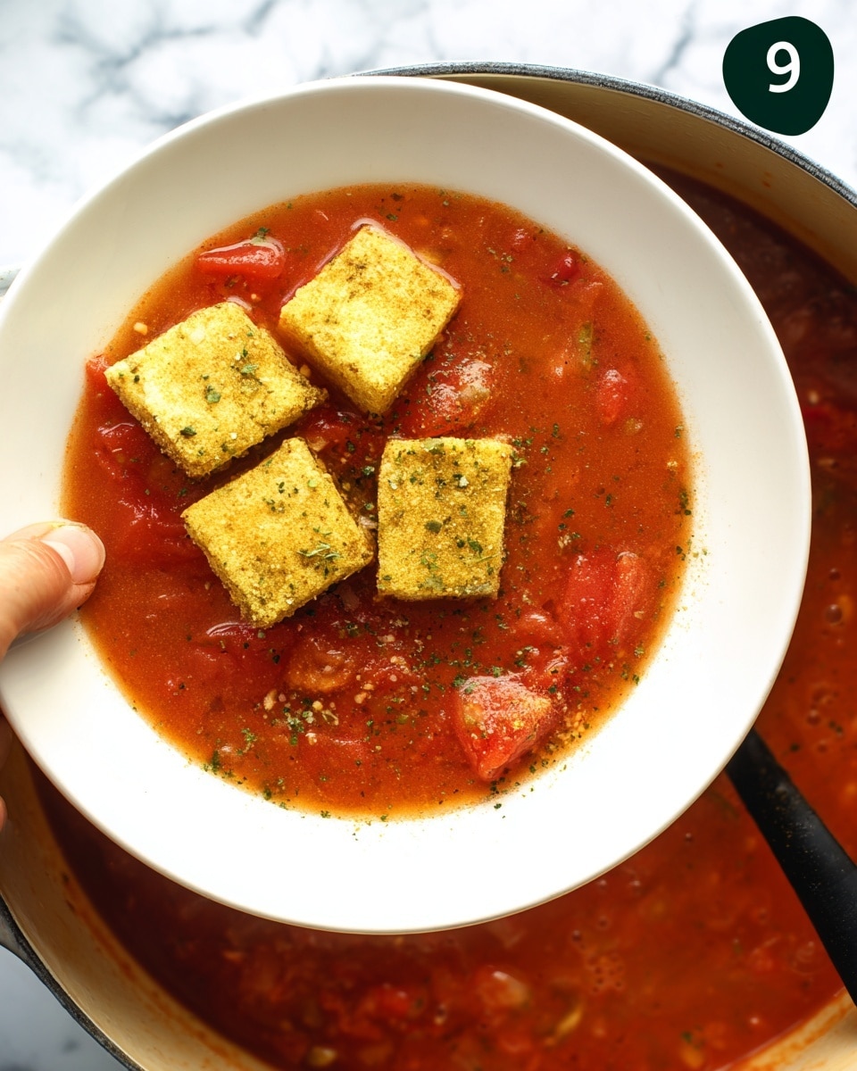 A close-up image shows a white plate held by a woman's hand over a pot of thick red tomato soup with visible herbs and spices mixed throughout. On the plate are two light yellow cubes of what appears to be seasoning or stock with a slightly rough texture and some green flecks. The soup has a chunky texture with small bits floating on the surface and a darker color near the center where it is stirred with a black spoon. The background is a white marbled surface. Photo taken with an iphone --ar 4:5 --v 7