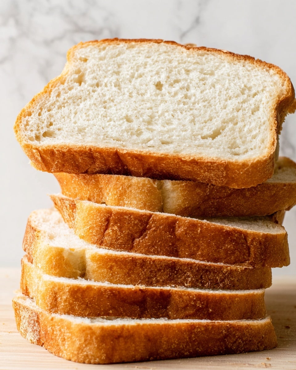 A close-up photo of five stacked slices of plain white bread, showing a soft, light beige inside and a golden brown crust on the edges. The texture is fluffy and a little rough on the crust, with the slices arranged unevenly on top of each other. The background is changed to a white marbled texture. photo taken with an iphone --ar 4:5 --v 7