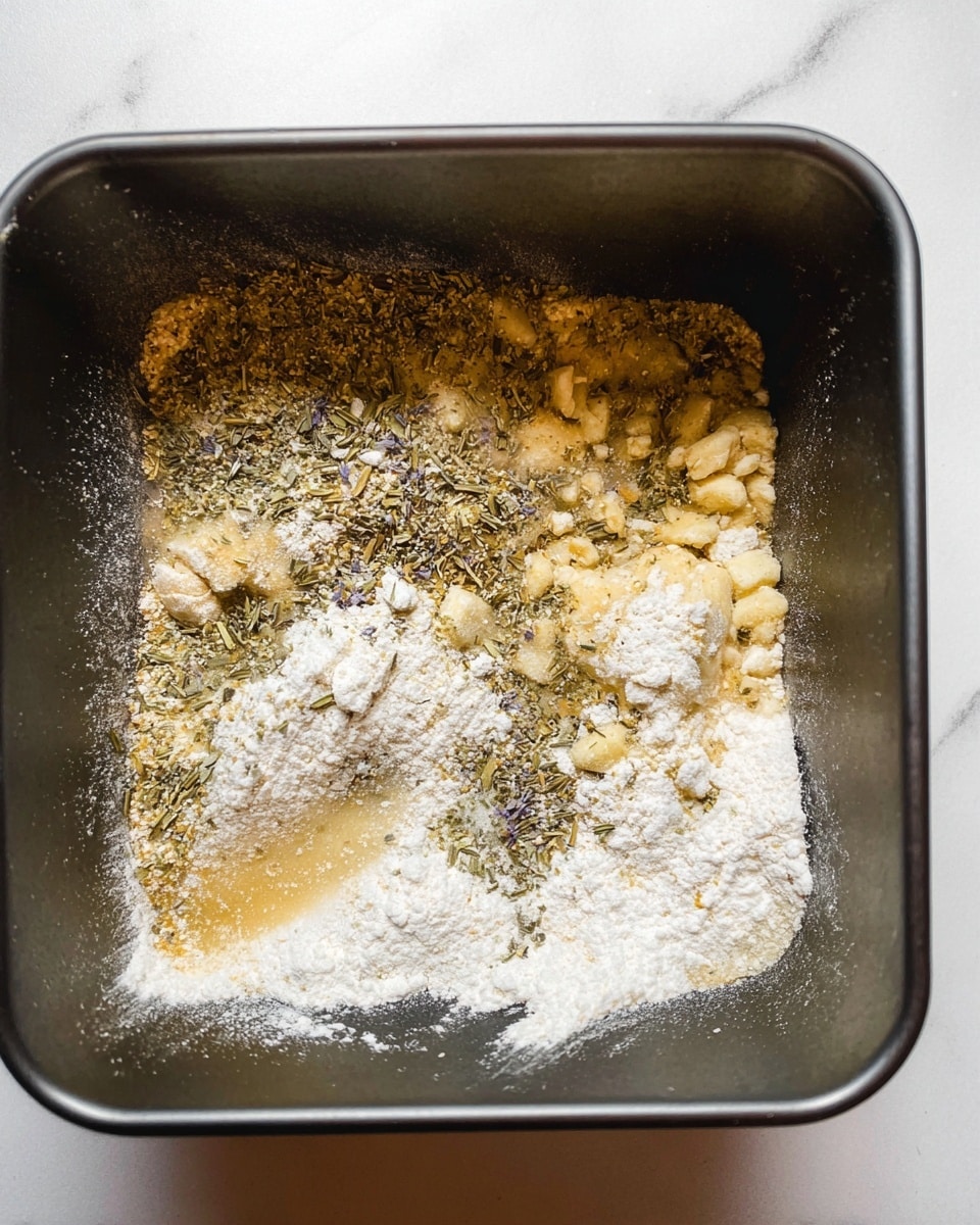 Inside a dark square cooking container, several layers of dry ingredients are spread unevenly. The bottom layer is a fine white flour dusting that coats the base edges. Over this lies a sandy beige mix of small yeast pellets and light crumbly chunks scattered around. On top and to the right, there are some small soft yellow pieces, possibly butter. Mixed throughout the surface are dark green and light brown dried herb flakes, adding specks of color and texture. The interior of the container has a slightly glossy, worn look with some flour residue on the sides. The whole scene is set against a white marbled texture. photo taken with an iphone --ar 4:5 --v 7