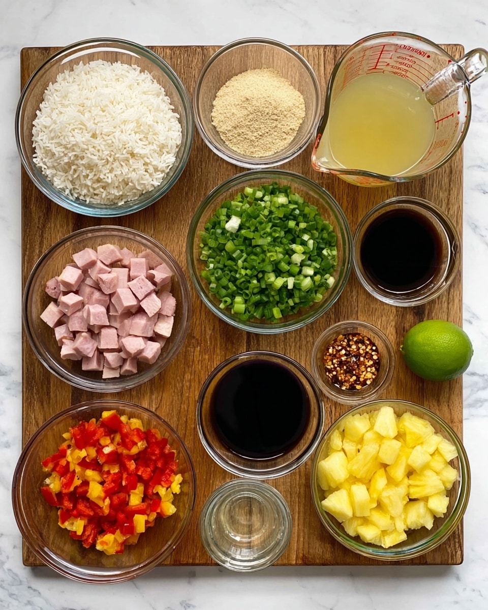A wooden board holds several glass bowls and containers with ingredients arranged neatly. The top left bowl contains white uncooked rice, next to it on the right is a small bowl of light beige powder, and a larger bowl filled with chopped green onions. Below the green onions is a clear measuring jug with light yellow broth. In the bottom row, from left to right, there's a bowl of cubed ham, a small amount of clear liquid in a tiny bowl, a bowl filled with chopped red bell peppers, and a bowl with yellow pineapple chunks. In the middle of the board, small glass bowls hold dark soy sauce and a mix of red chili flakes with a brown spice. A half lime sits near the center right. The background is a white marbled texture. Photo taken with an iphone --ar 4:5 --v 7