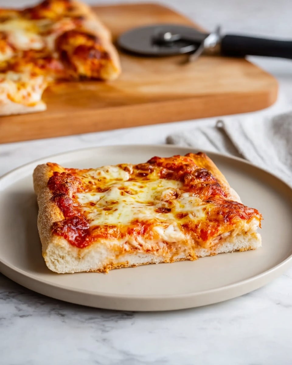 A close-up view of a rectangular pizza with a golden-brown crust, topped with melted cheese that has patches of light yellow and golden brown melted spots, and sprinkled with small pieces of green herbs. The pizza lies next to a small clear glass bowl containing a bright green sauce with small herb bits inside, and a spoon with a white handle resting in it. To the right of the bowl is a white cheese grater with a wedge of pale yellow cheese placed on top. All items are set on a white marbled surface. Photo taken with an iphone --ar 4:5 --v 7
