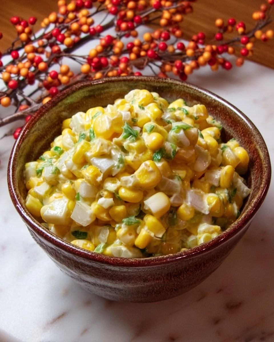 A brown ceramic bowl filled with a creamy corn salad sits on a white marbled surface. The salad has three main parts: bright yellow corn kernels, small white pieces of what looks like onion or cheese, and green bits of chopped herbs mixed throughout. The creamy dressing lightly coats all the ingredients, giving the salad a smooth texture. Behind the bowl, there are some red and orange berries on branches, adding a touch of color to the background. The bowl is central and clearly shows the different colors and textures in the corn salad, photo taken with an iphone --ar 4:5 --v 7