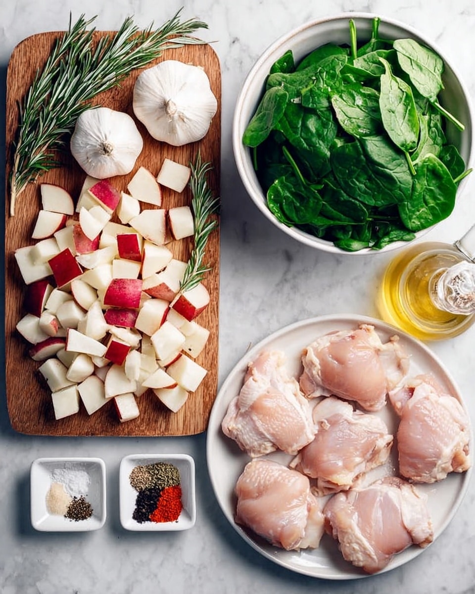 The image shows a white marbled surface with several food items arranged neatly. On the left, fresh garlic bulbs and green rosemary sprigs lie next to a wooden board filled with chopped red potatoes and diced white onions. Above the board, a white bowl is filled with fresh green spinach leaves. To the right of the bowl, a small glass bottle with a stopper contains a bit of oil. On the far right, a white plate holds five raw chicken thighs with pink skin. In the upper left corner, a small white dish holds four piles of spices in black, red, and white colors. Photo taken with an iphone --ar 4:5 --v 7
