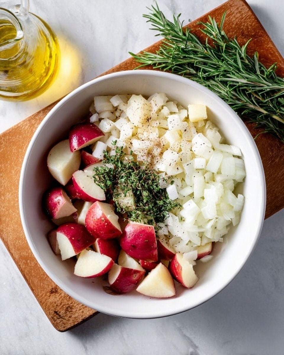 A white bowl filled with three main layers: quartered red potatoes with smooth, shiny skin on the bottom left, chopped white onions with a soft texture on the top right, and a middle section with minced garlic, fresh green herbs, and sprinkled salt and black pepper. This bowl sits on a white marbled surface with a wooden board nearby holding fresh green rosemary sprigs and a glass bottle with clear oil in the background. Photo taken with an iphone --ar 4:5 --v 7
