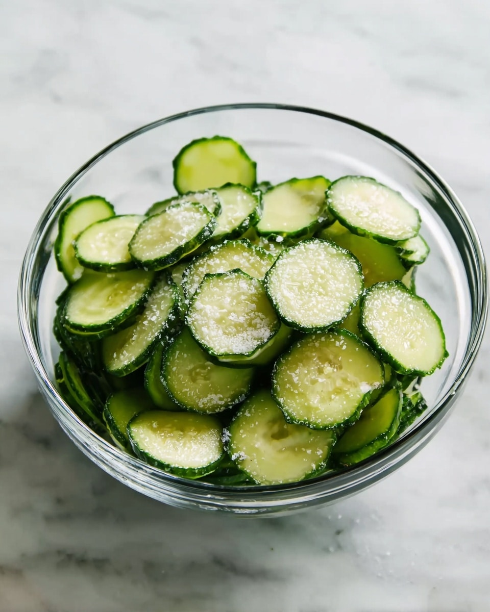 A clear glass bowl filled with thin, round slices of cucumber that have wavy edges, each slice showing a mix of dark and light green skin with pale green centers. A light sprinkling of white salt is spread evenly on top of the cucumber slices. The bowl sits on a white marbled surface, with soft natural light highlighting the fresh texture of the cucumber skin and seeds. photo taken with an iphone --ar 4:5 --v 7