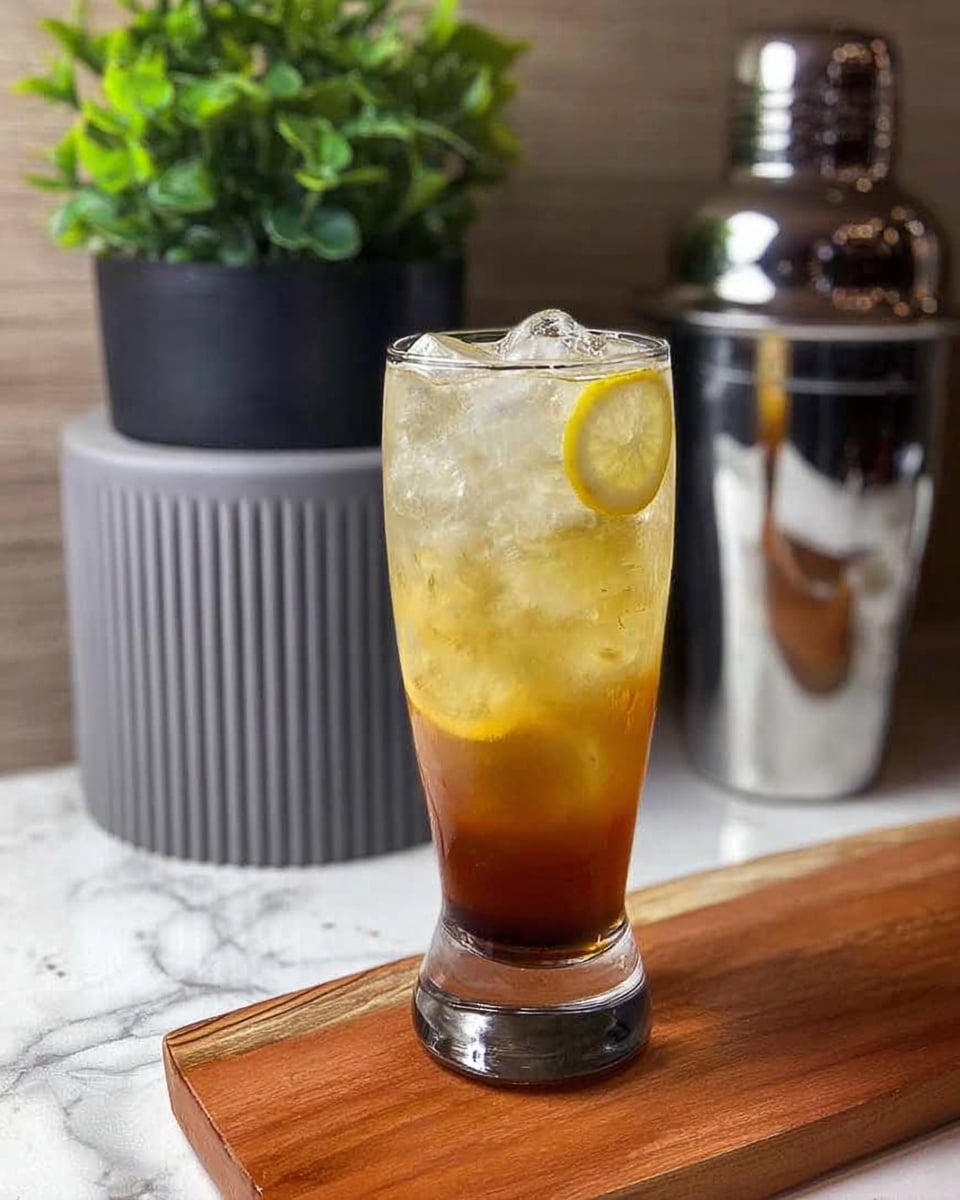 Two tall, curved clear glasses filled with a layered iced tea drink sit side by side on a white marbled surface. Each glass has a bottom layer of dark amber liquid, topped with plenty of crushed ice that creates a frosty, textured top layer. Garnishing each drink is a bright yellow lemon slice positioned on the rim, with two fresh green mint leaves standing upright behind the lemon. The lighting highlights the cool freshness of the ice and the vibrant colors of the lemon and mint. Photo taken with an iphone --ar 4:5 --v 7