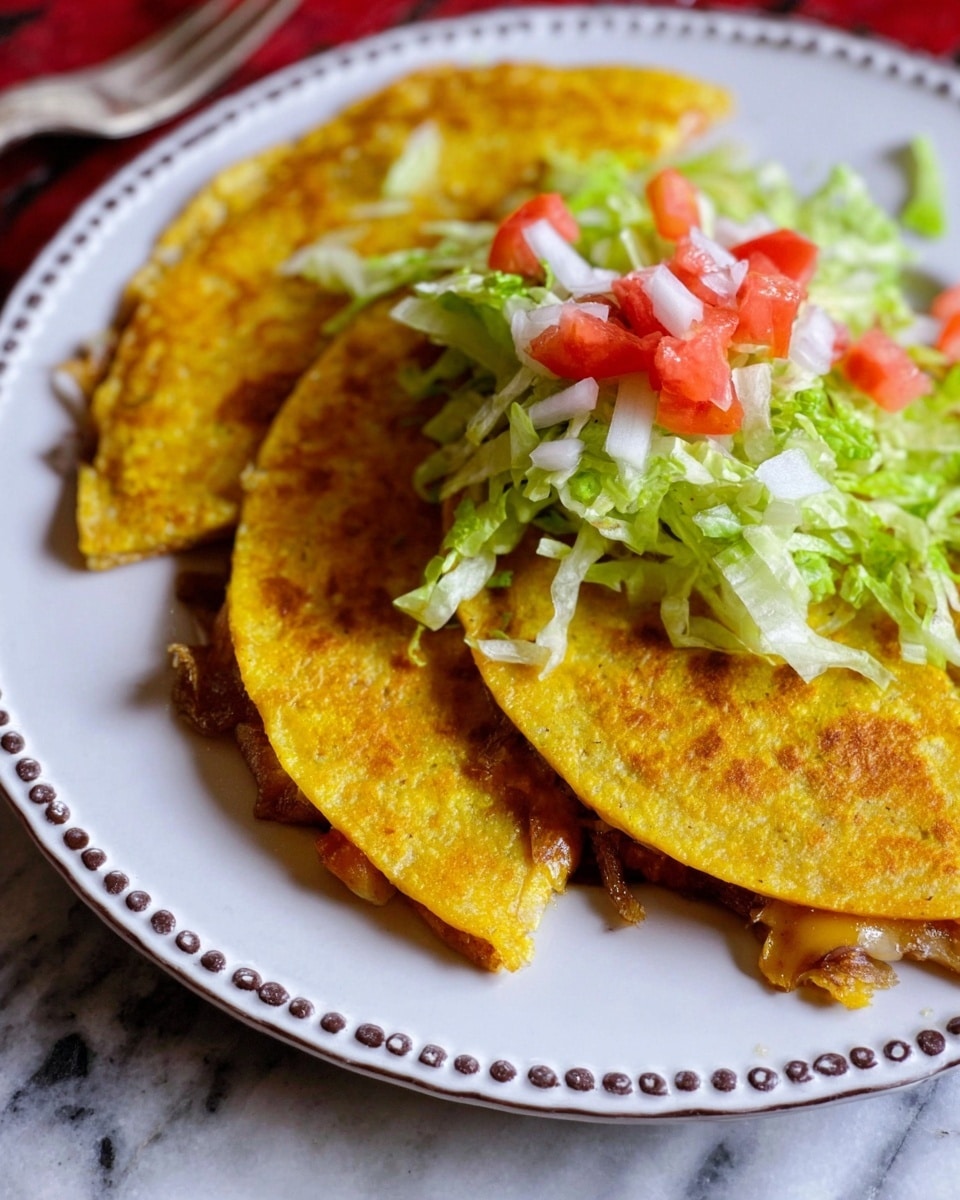 The image shows three golden yellow quesadilla slices arranged in a fan shape on a white plate with a detailed rim design. Each quesadilla has a crispy, textured surface with melted cheese and browned edges visible, making the filling slightly peek out. On top of the quesadillas sits a small pile of shredded green lettuce mixed with diced red tomatoes and white onions, adding fresh color contrast. The plate is placed on a white marbled surface, and part of a woman's hand holding a utensil is visible near the top left corner. Photo taken with an iphone --ar 4:5 --v 7