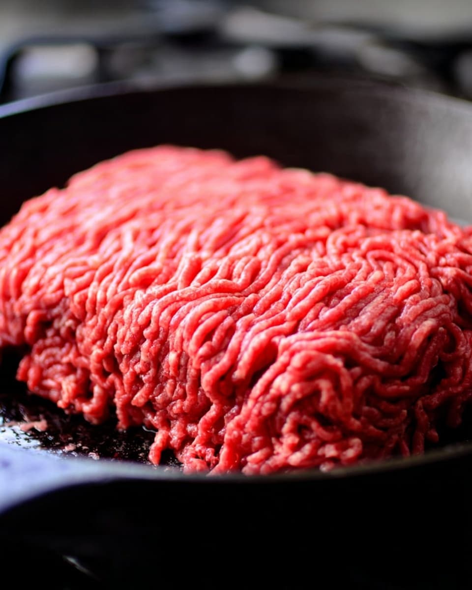 A close-up image of a large block of raw ground beef placed in the center of a black cast iron pan. The beef is bright red, densely packed with visible strands and soft texture, forming a solid rectangular mound that fills most of the pan’s flat surface. The pan is on a stove with blurred background elements, and the focus is on the raw beef, showing its fresh and moist appearance. The lighting highlights the texture and color contrasts between the meat and black pan. photo taken with an iphone --ar 4:5 --v 7