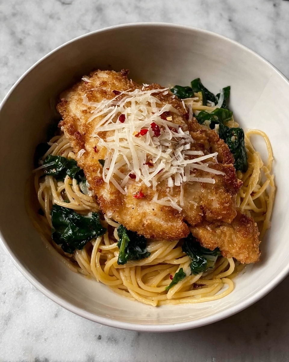 A white bowl holds a dish with three main layers: at the bottom is a bed of light yellow spaghetti mixed with dark green wilted spinach and small red chili flakes scattered on top; resting on the noodles is a large piece of golden brown fried chicken with a crispy texture; the top layer is a sprinkle of white shredded cheese placed on the chicken, with a few more red chili flakes adding color contrast, all set against a white marbled surface. photo taken with an iphone --ar 4:5 --v 7