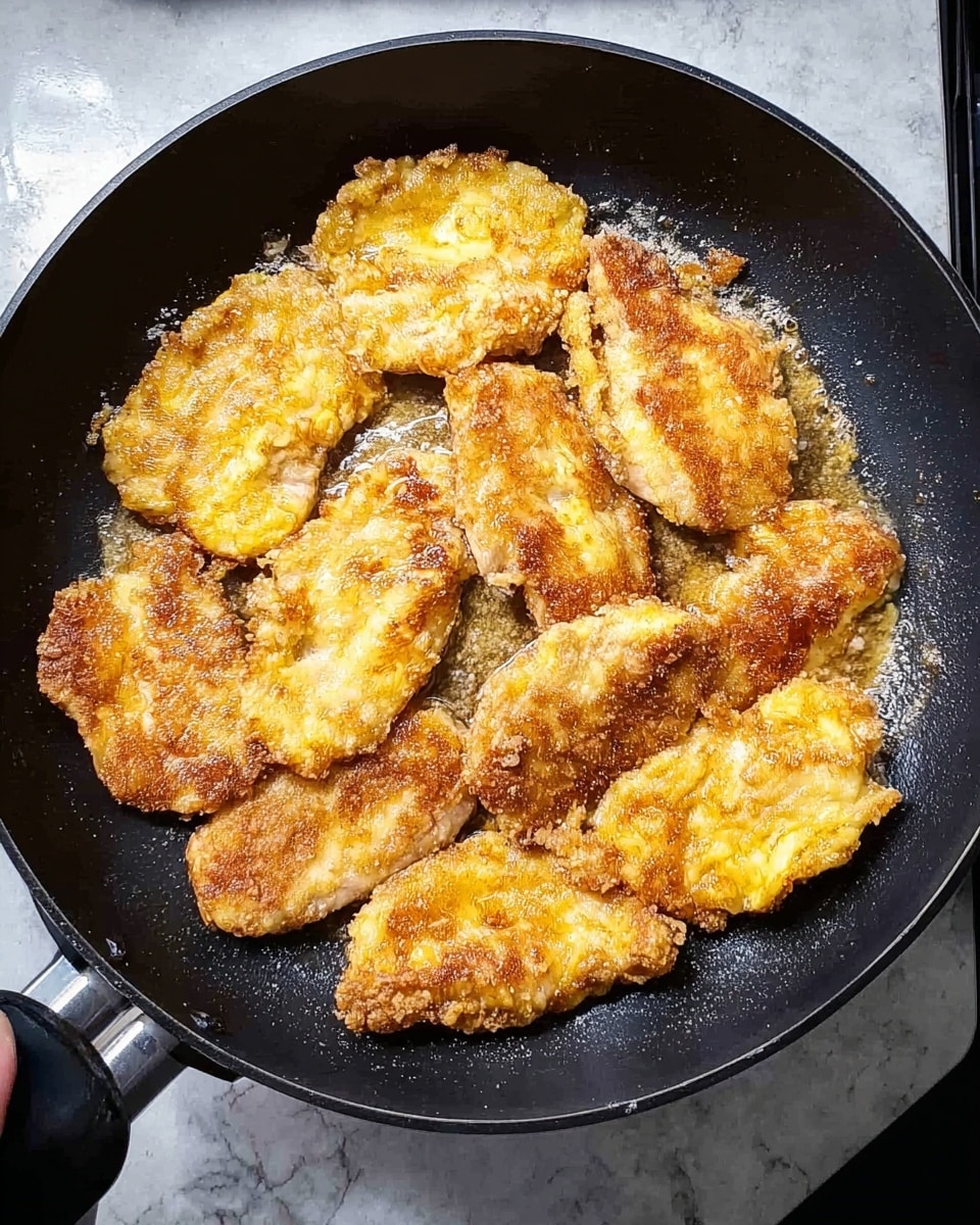 A black frying pan filled with several golden-brown fried pieces of food, likely coated in a crispy batter. The pieces vary in size and shape, arranged closely together, some overlapping slightly. The edges of the pieces have a rough, crunchy texture, with the center looking tender and cooked. Light oil shines on the surface, creating a slight glisten on the crispy layer. The pan is placed on a stove, and a woman's hand is partly visible at the bottom left corner holding the pan handle. The surface beneath the stove shows a white marbled texture. photo taken with an iphone --ar 4:5 --v 7