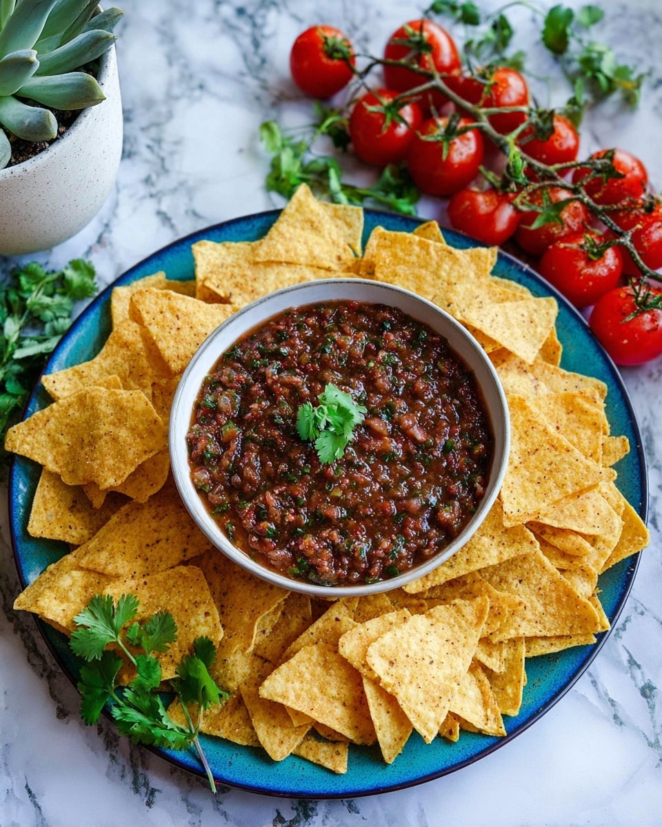 A white bowl in the center filled with chunky dark red salsa with green herbs mixed in, topped with a small sprig of fresh green cilantro. Around the bowl, there is a large round blue plate covered with a single layer of golden yellow tortilla chips, some slightly overlapping and dusted with seasoning. In the background, there is a white marbled surface with a white pot holding a green succulent plant, and a cluster of fresh red cherry tomatoes attached to green stems. Some sprigs of fresh cilantro rest on a white marbled surface near the plate. photo taken with an iphone --ar 4:5 --v 7