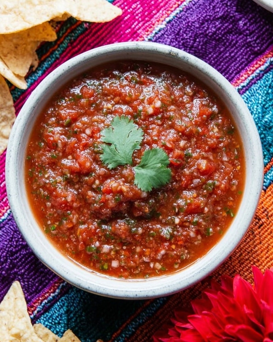 A white bowl filled with chunky red salsa that has small bits of tomatoes, onions, and green herbs mixed in. The salsa looks fresh and thick, with two cilantro leaves placed on top in the center. The bowl is set on a colorful woven cloth with patterns in purple, red, pink, blue, and orange. There are some tortilla chips around the bowl on both sides, and a bright red flower is partly visible on the right side. The whole scene is on a white marbled surface photo taken with an iphone --ar 4:5 --v 7