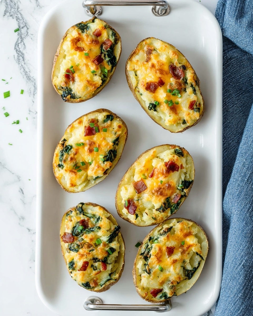 Six potato halves are placed on a white rectangular tray with silver handles. Each potato is filled with a mix of light yellow mashed potato, dark green spinach pieces, orange melted cheese, and small bits of brown cooked bacon. The tops have a slightly browned, melted cheese layer, and the potatoes are sprinkled with small chopped green herbs. The tray rests on a white marbled surface with a blue cloth visible at the corner. photo taken with an iphone --ar 4:5 --v 7