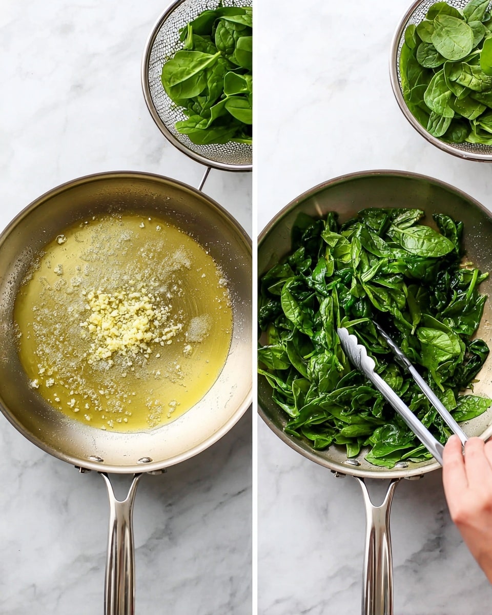Two side-by-side images show the cooking process in a silver pan on a white marbled surface. On the left, the pan holds melted butter with finely chopped garlic in the center, creating a light yellow, bubbling base. Above the pan in the corner, fresh green spinach leaves are visible in a colander. On the right, the same pan now contains bright green spinach leaves being stirred with silver tongs held by a woman's hand, showing the spinach wilting while keeping its fresh texture and vibrant green color. photo taken with an iphone --ar 4:5 --v 7