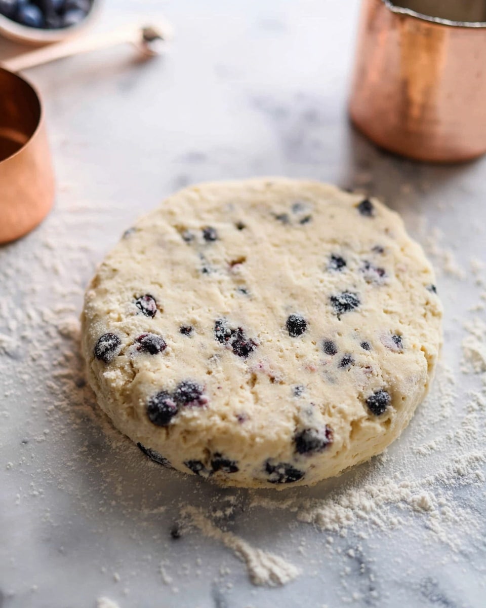 A round biscuit dough disk about one inch thick, studded evenly with small dark blueberries throughout, resting on a white marbled surface lightly dusted with flour. To the left of the dough, there is a blurred copper measuring cup and a copper pot, adding warm tones to the scene. The dough has a slightly crumbly texture with visible small cracks and a pale yellow color with darker blueberry spots. Photo taken with an iphone --ar 4:5 --v 7