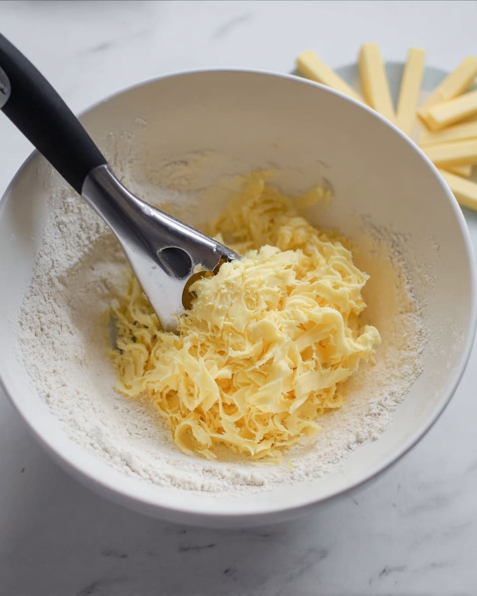 A close-up photo shows a white bowl with two layers: a bottom layer of white flour and a top layer of soft, light yellow butter curls being mashed with a black-handled metal pastry cutter; the texture of the butter is smooth and delicate, and some butter sticks to the side of the bowl, all set on a white marbled surface. photo taken with an iphone --ar 4:5 --v 7